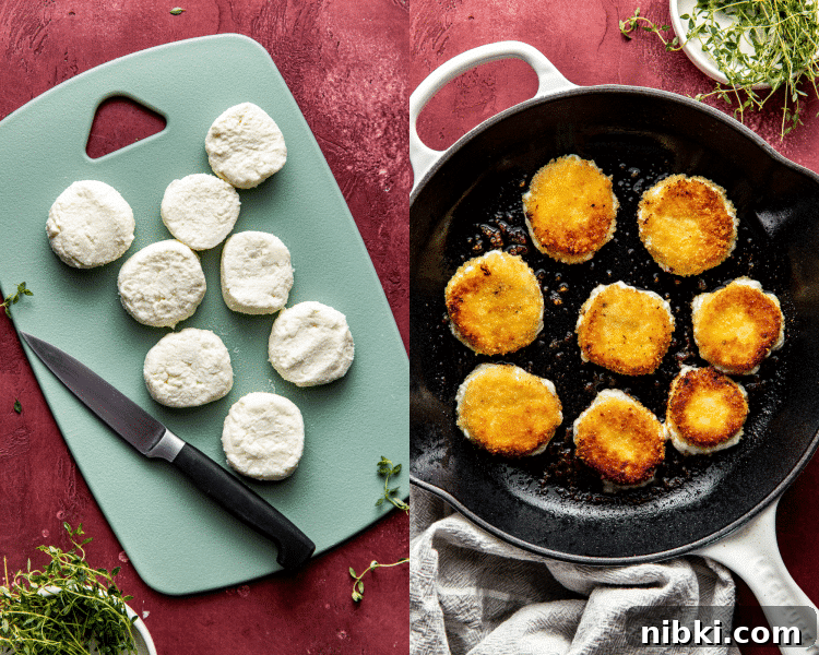 Sliced goat cheese medallions and pan-frying to golden brown.