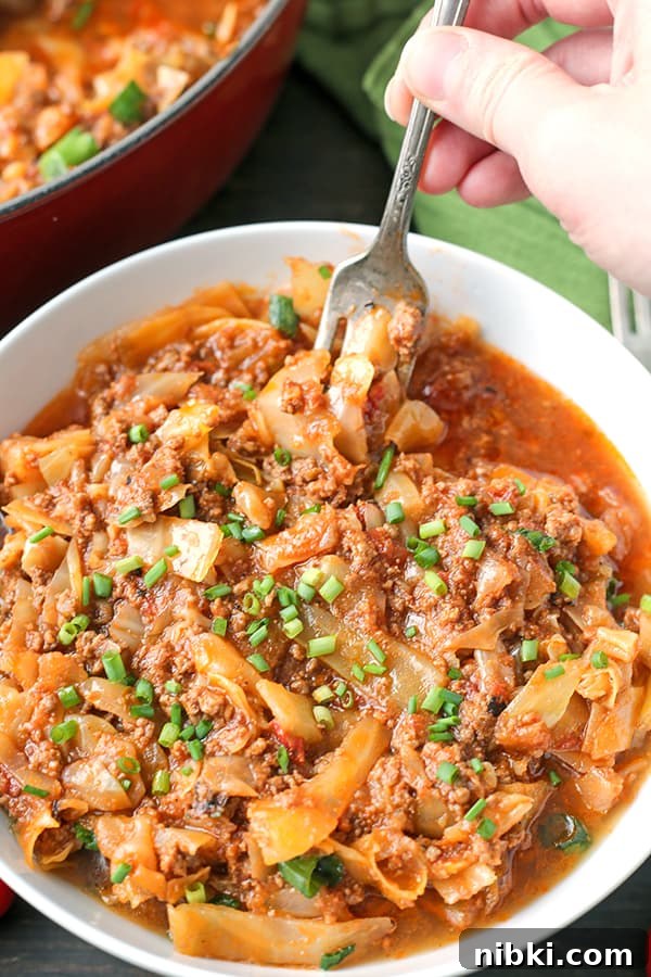 Whole30 Paleo Cabbage Roll Bowl 5 Paleo Whole30 Cabbage Roll in a Bowl served in a bowl with garnish