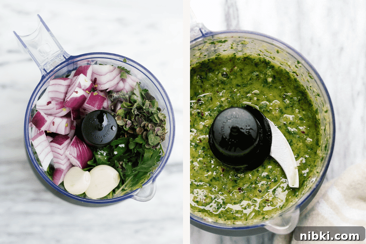Juicy Grilled Chicken with Chimichurri Recipe 4 chimichurri ingredients inside of a food processor