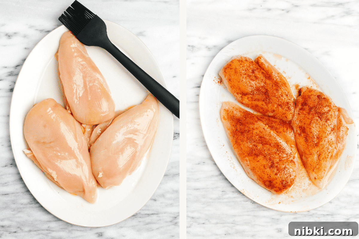 Juicy Grilled Chicken with Chimichurri Recipe 5 left: raw chicken breast on a white plate. right: seasoned chicken breast on a white plate