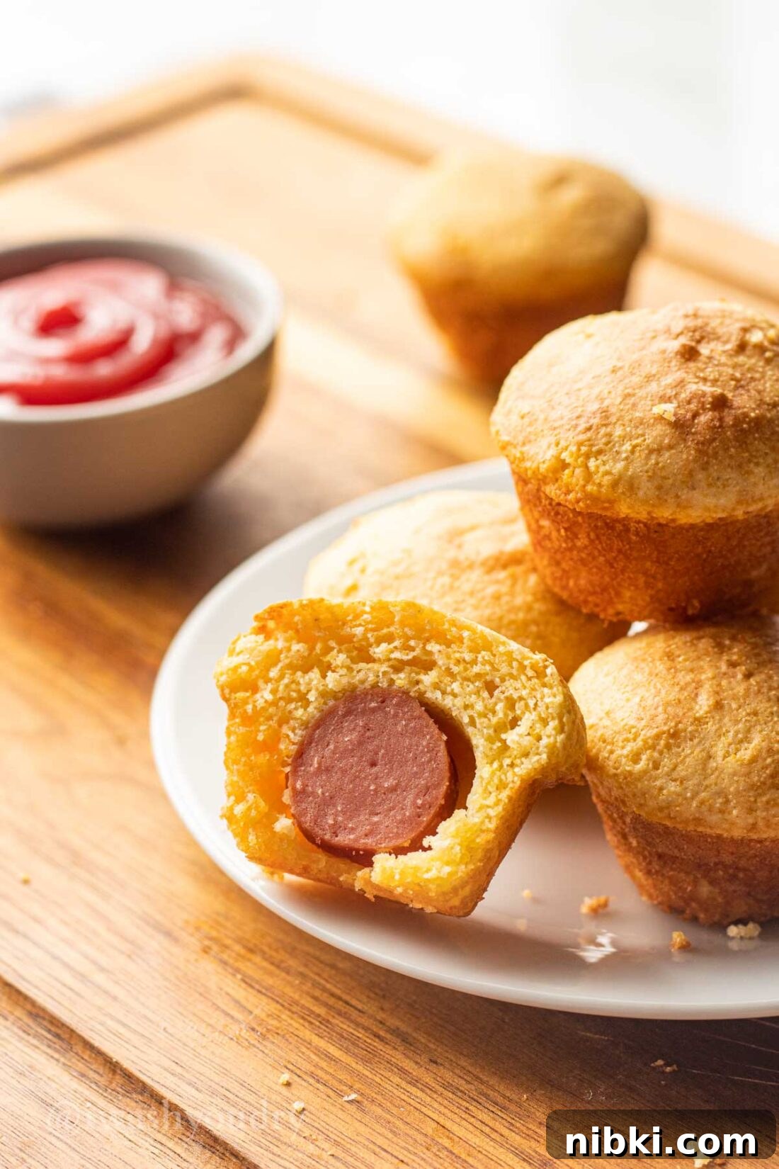 Crispy Mini Corn Dogs Recipe 2 white plate with mini corn dog nuggets and a side of ketchup.