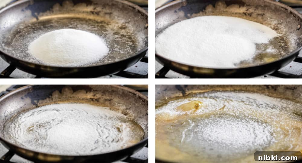 photo collage of step by step process to caramelizing sugar