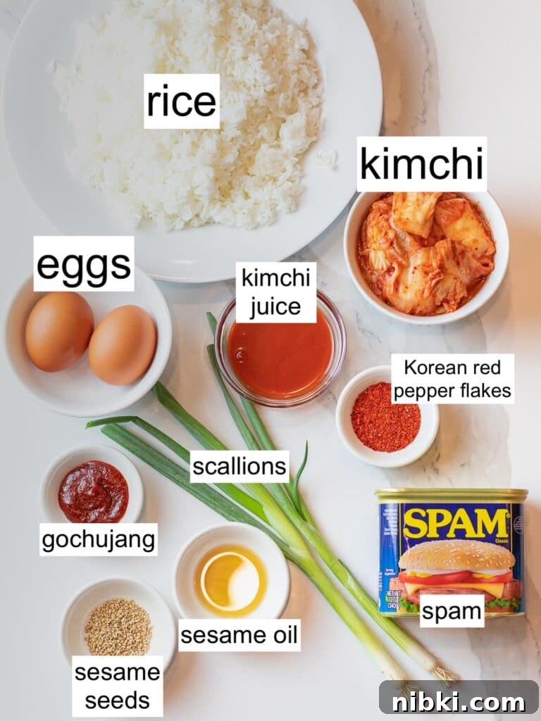 Spicy Kimchi Fried Rice with Crispy Spam 4 ingredients for kimchi fried rice with spam