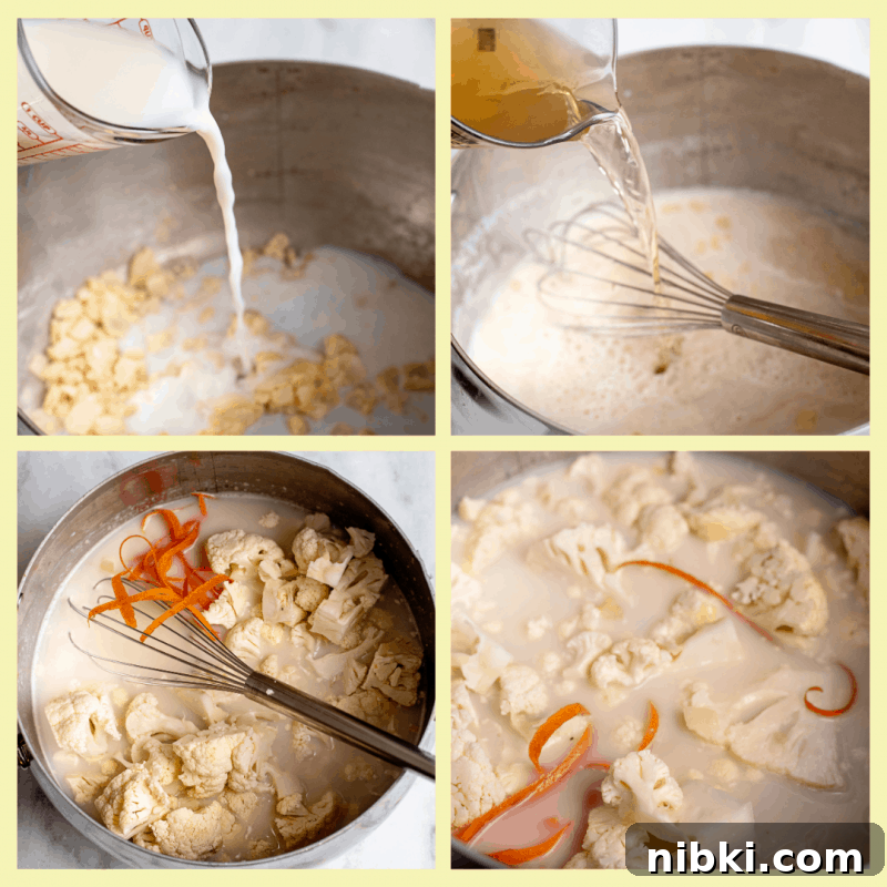 Creamy Cauliflower Soup with Melted Cheese 4 Add milk and rest of ingredients to cauliflower soup and simmer.