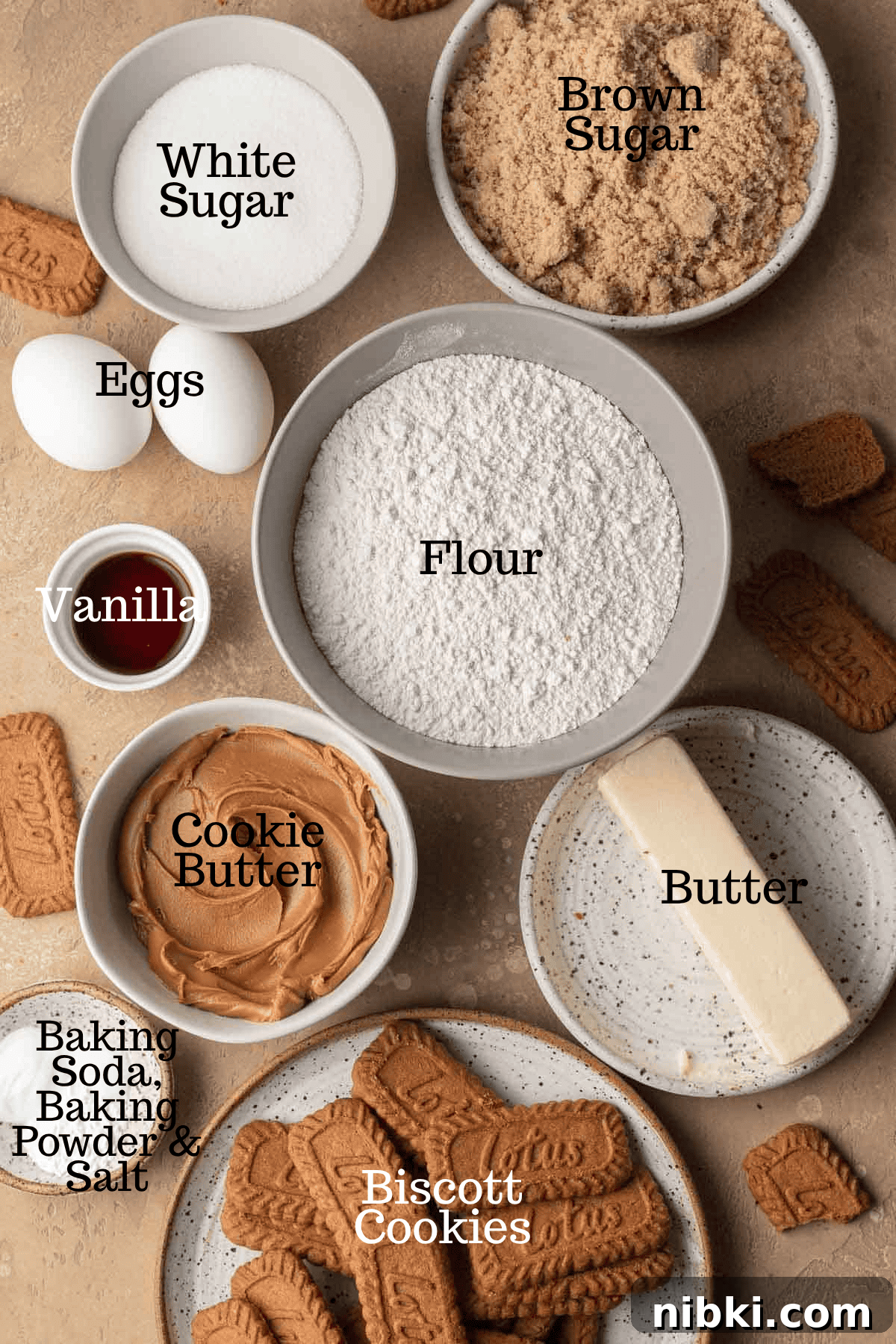 Photo of ingredients for Biscoff Cookie Recipe with labels.