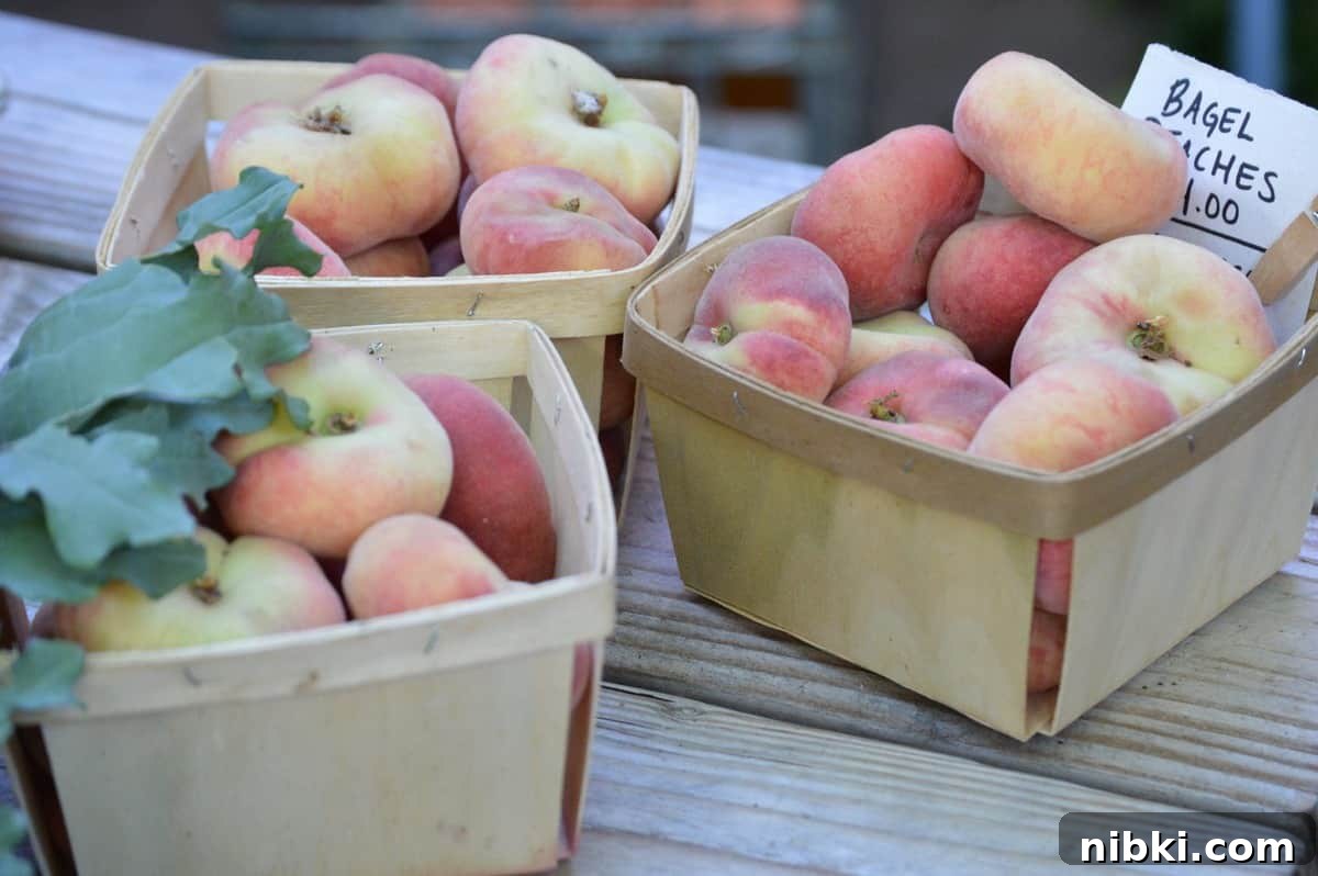 Fresh peaches in wicker baskets