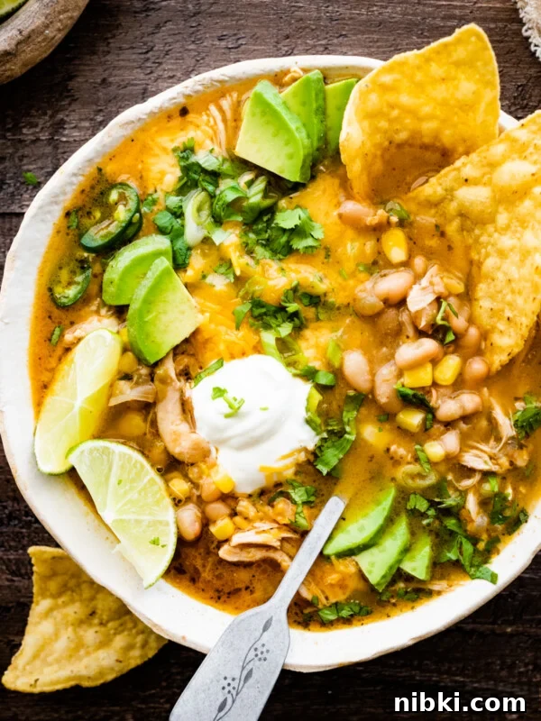 Creamy Avocado Coleslaw Recipe for Summer BBQs 13 Spoon and tortilla chips in a bowl of white chicken chili.