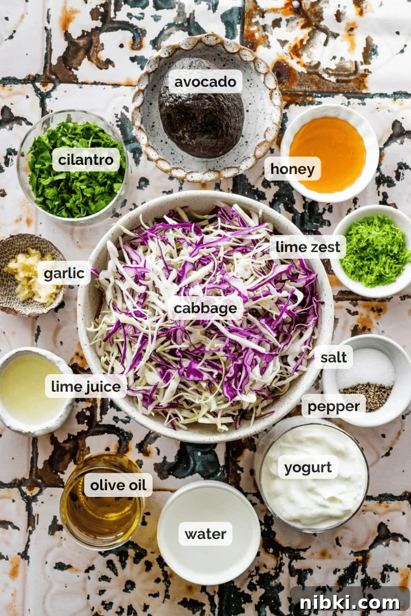 Creamy Avocado Coleslaw Recipe for Summer BBQs 3 Recipe ingredients for avocado coleslaw recipe.