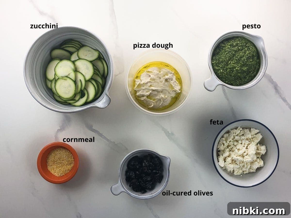 Crispy Pesto and Feta Pizza with Zucchini and Olives 3 ingredients in bowls