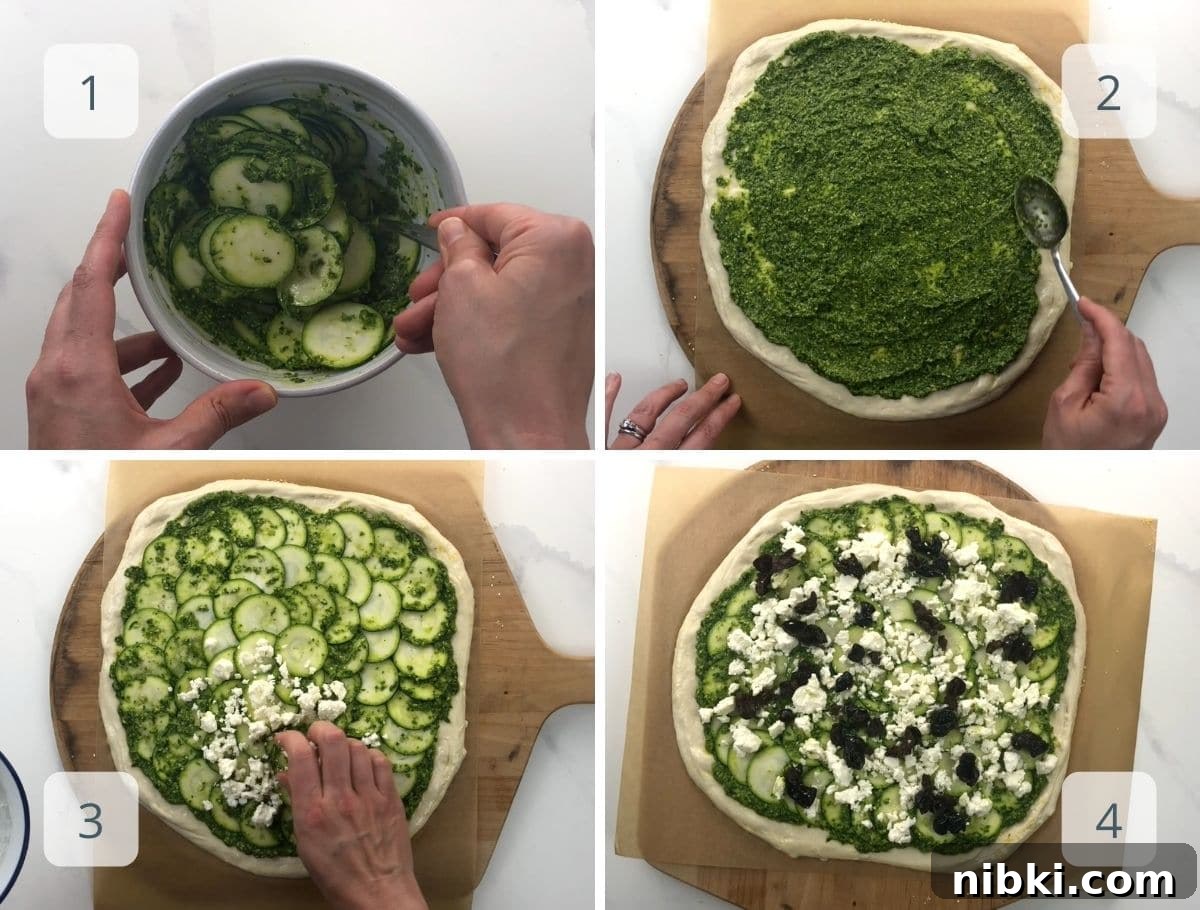 Crispy Pesto and Feta Pizza with Zucchini and Olives 4 step by step