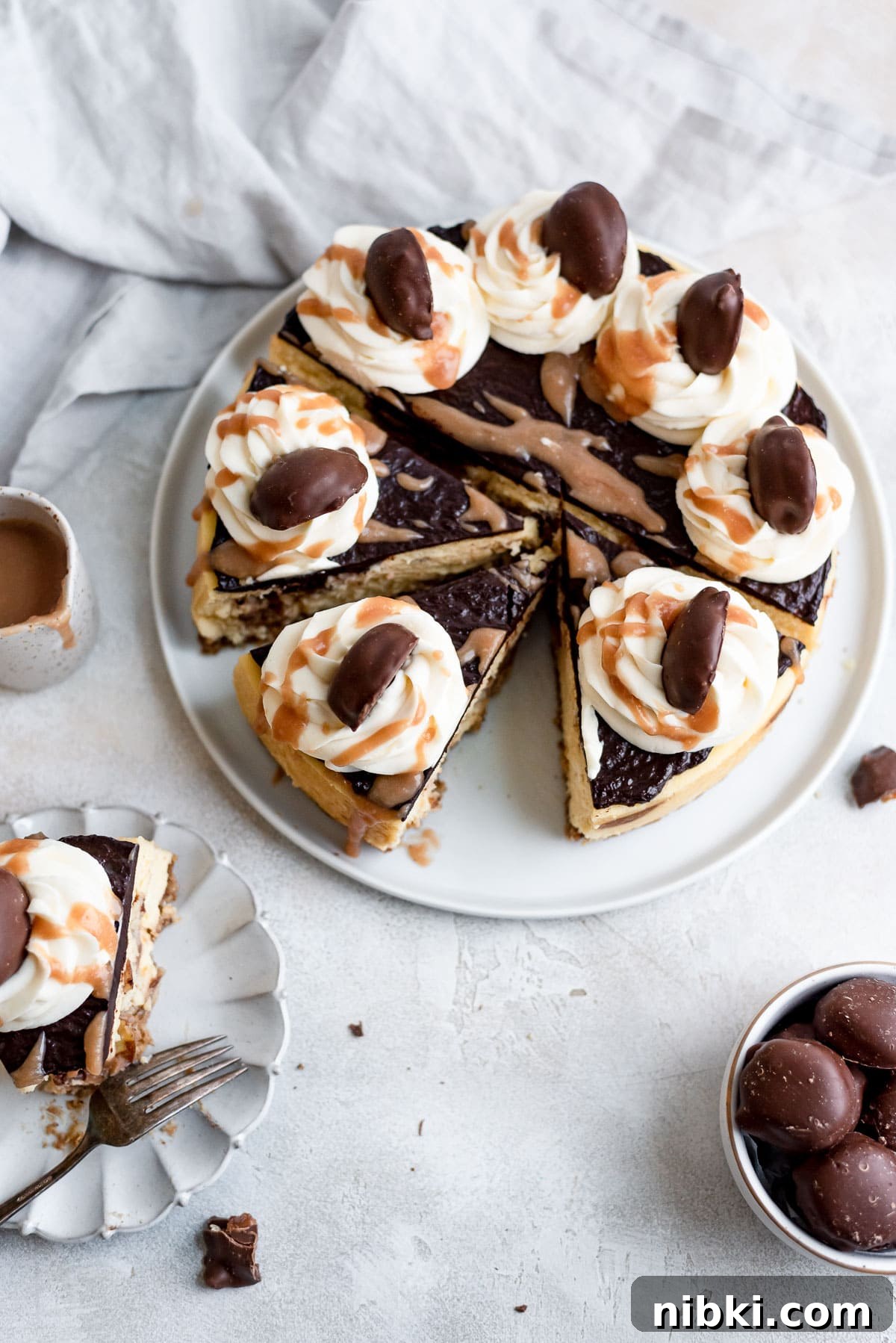 overhead cheesecake with slices on plate and pieces cut