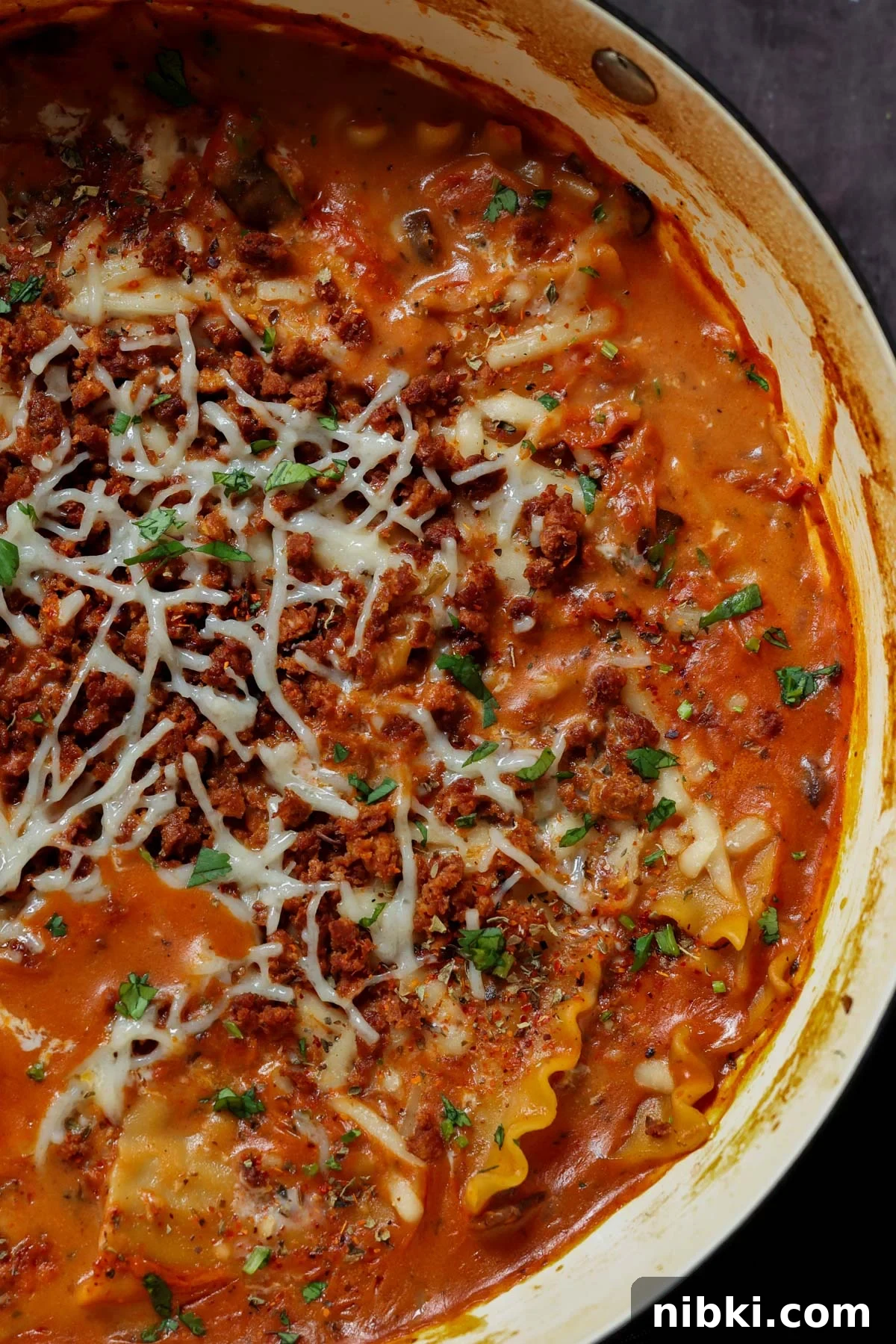 30-Minute One-Pan Creamy Lasagna Soup 4 close-up of creamy lasagna soup in the pan after cooking