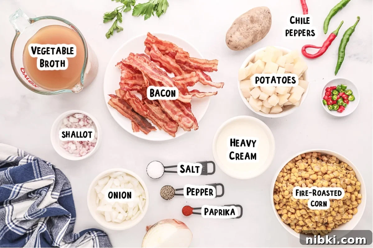 corn chowder ingredients on table with text labels