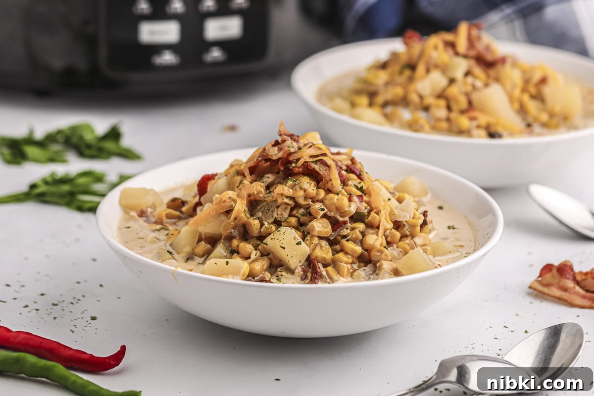 2 bowls of corn chowder in front of crockpot