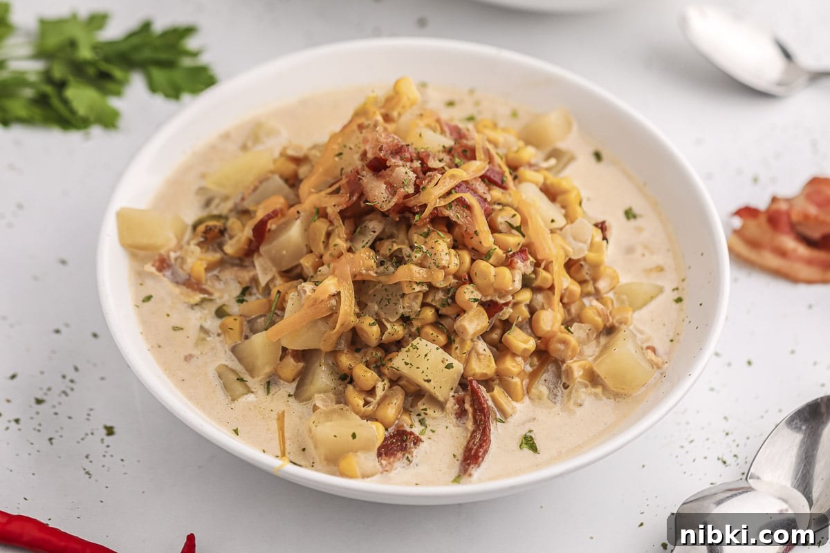 close up of a bowl of corn chowder
