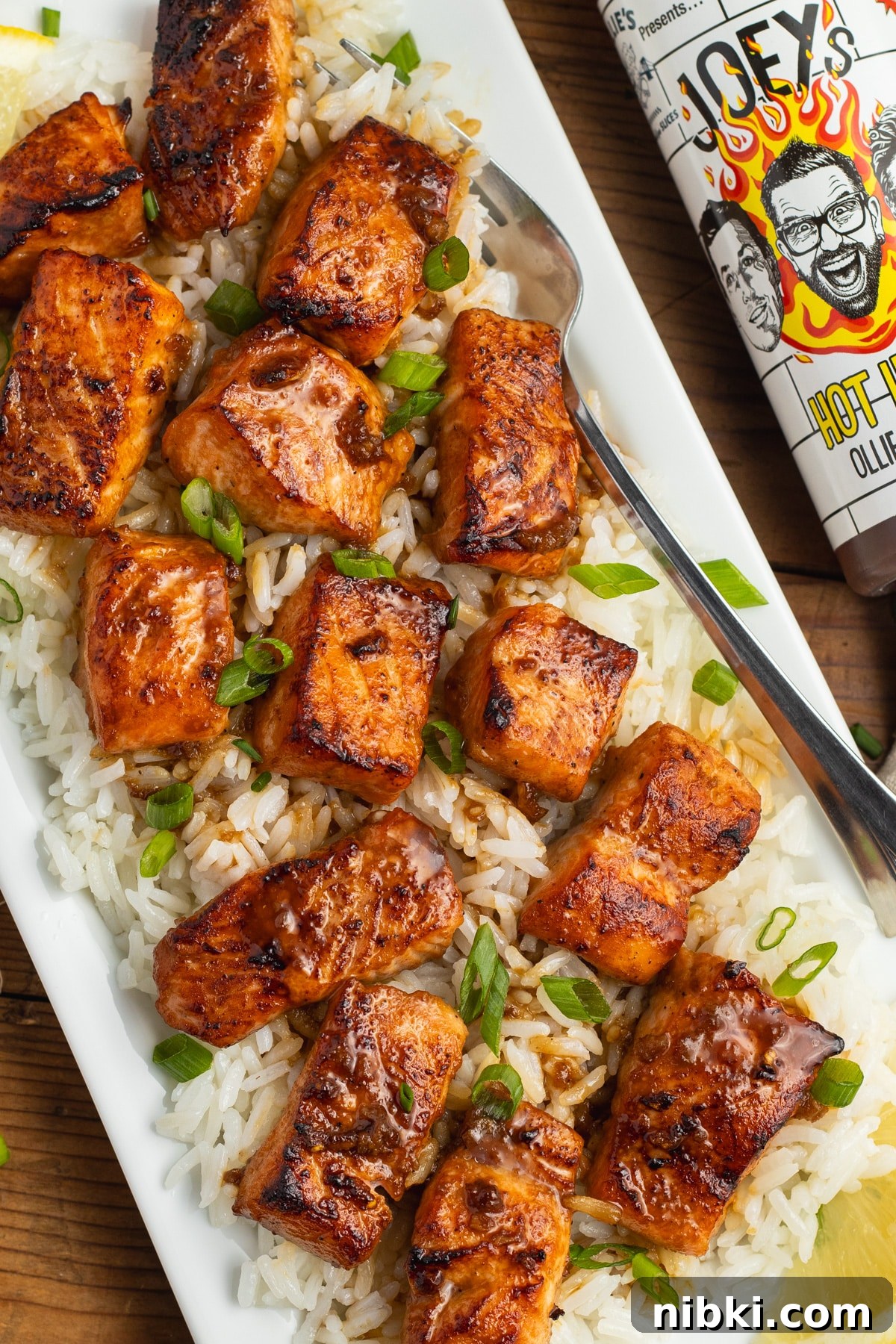 Hot Honey Garlic Salmon Bites Recipe 2 This is a picture of the salmon bites over rice.