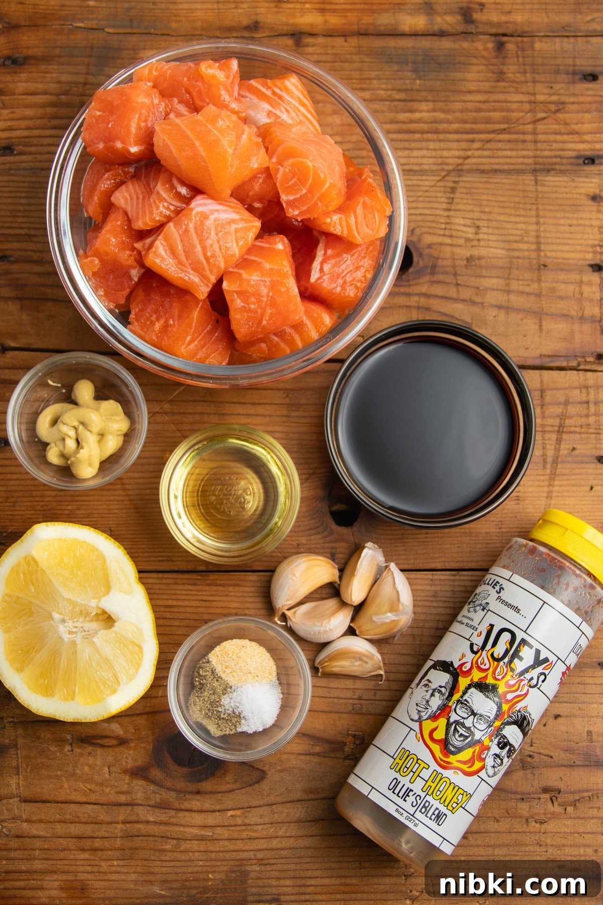 Hot Honey Garlic Salmon Bites Recipe 4 This is a picture of all the ingredients needed for the recipe.