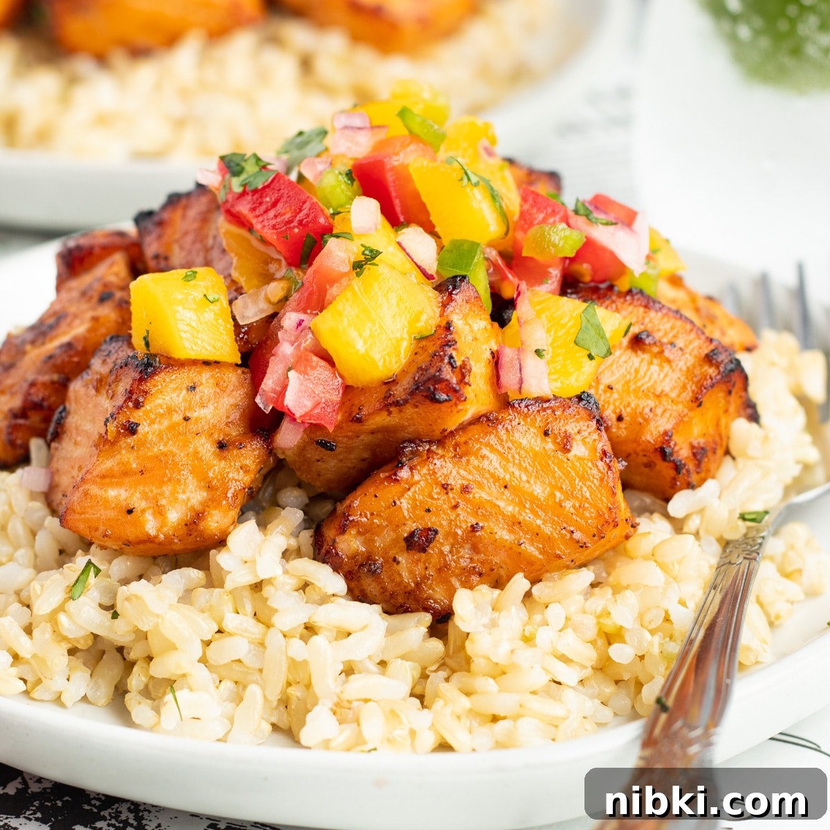 Hot Honey Garlic Salmon Bites Recipe 9 Air Fryer Salmon Bites with Mango Salsa