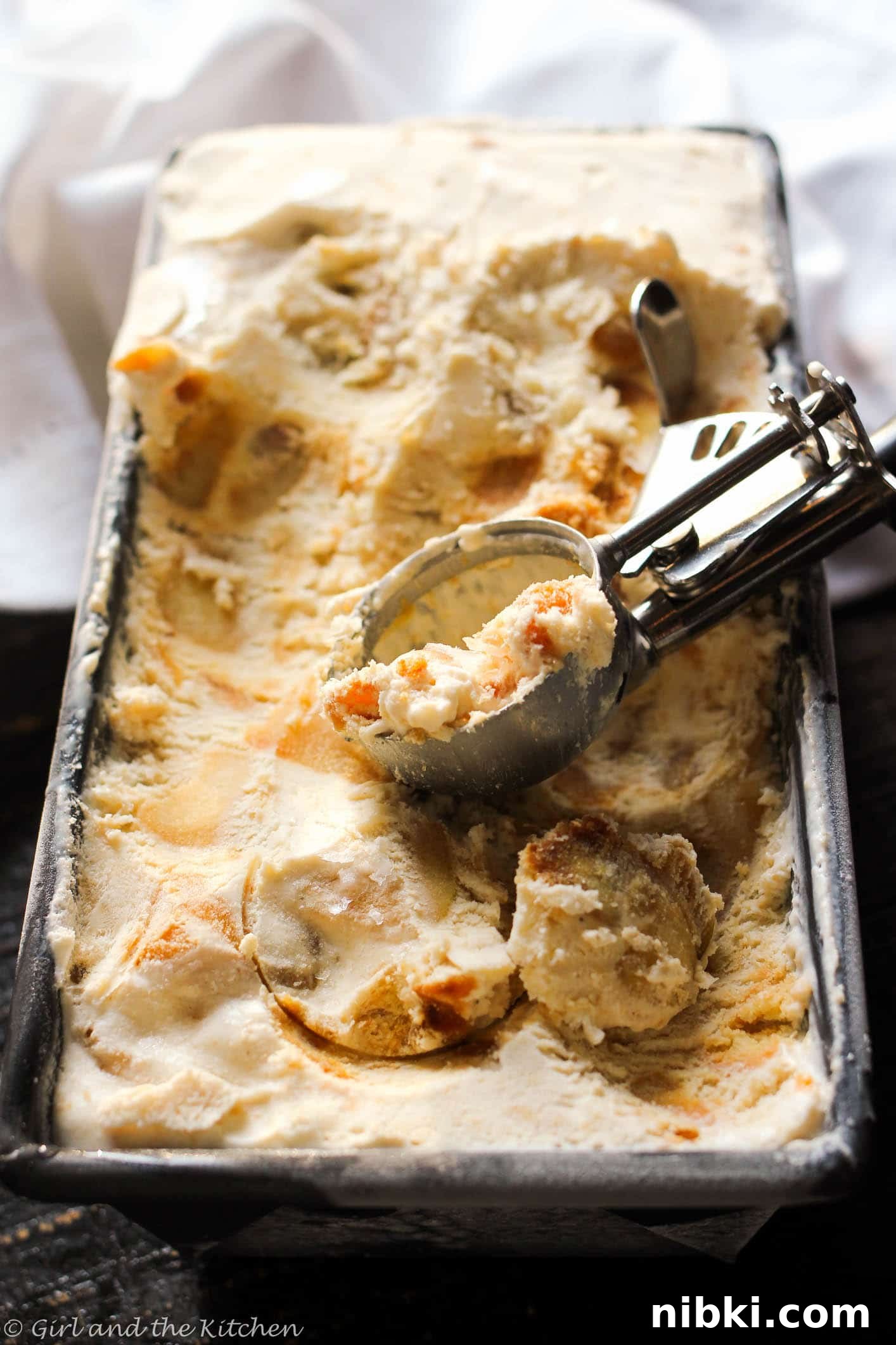 Whiskey Apple Pie No-Churn Ice Cream with Salted Caramel 4 Delicious and creamy no-churn ice cream sweetened with chunks of whiskey soaked caramelized apples and shortbread cookies.