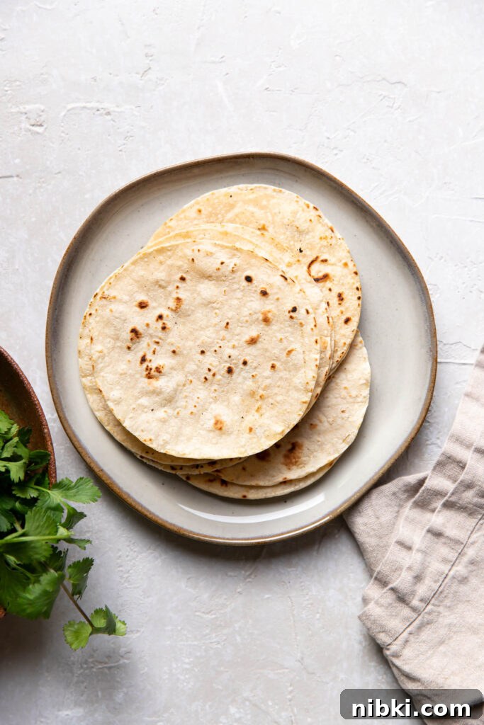 Instant Pot Barbacoa Tacos 8 corn tortillas on a plate.