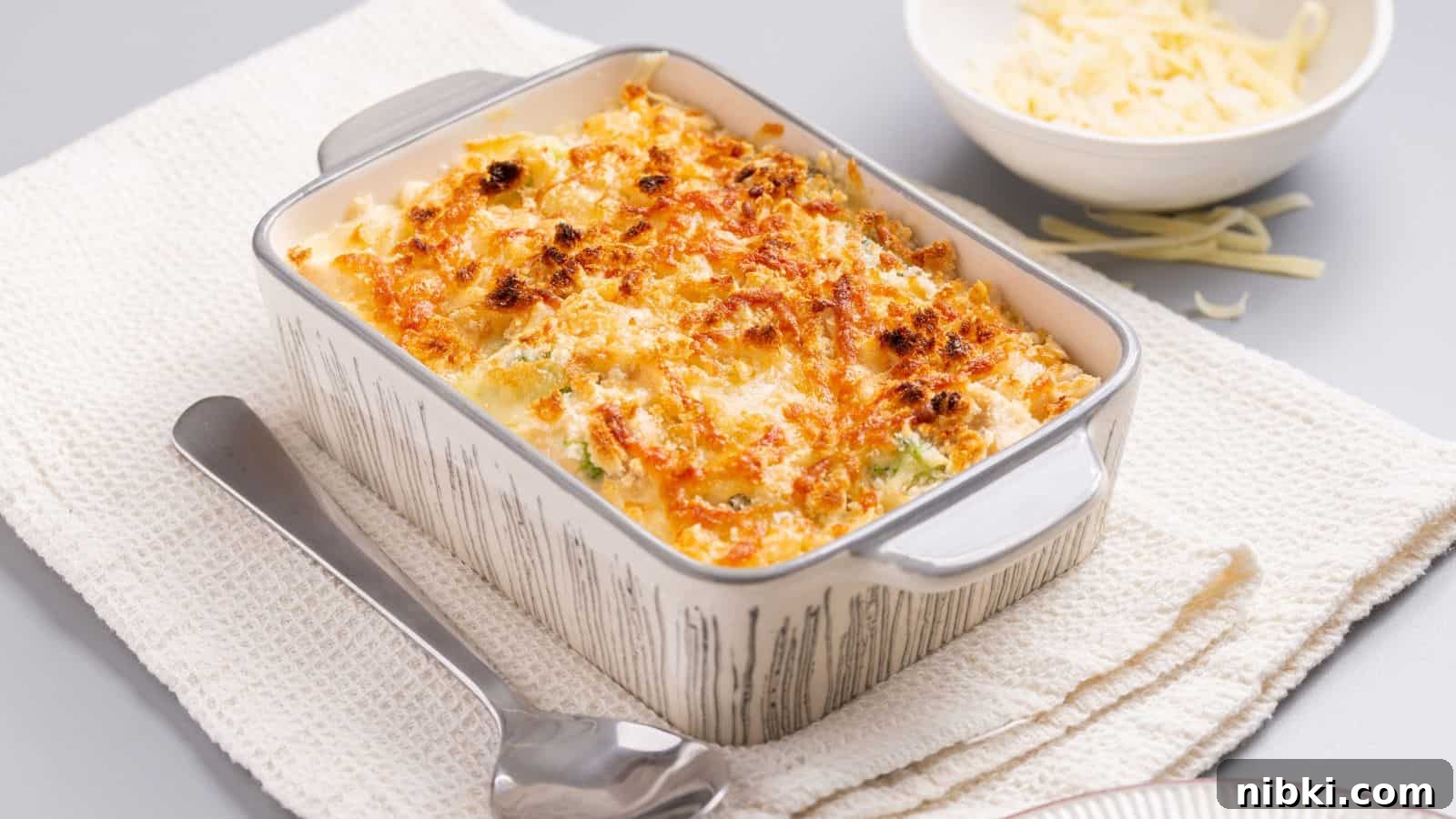 17 Affordable Chicken Recipes That Stretch Your Grocery Budget 11 A casserole dish with cheese and broccoli on a napkin.