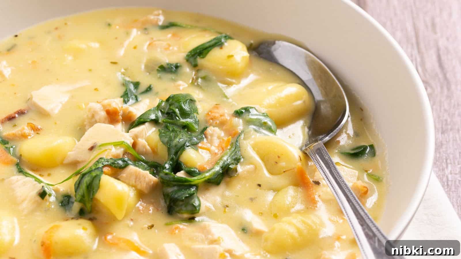 17 Affordable Chicken Recipes That Stretch Your Grocery Budget 16 Bowl of creamy chicken and vegetable soup with spinach and gnocchi.