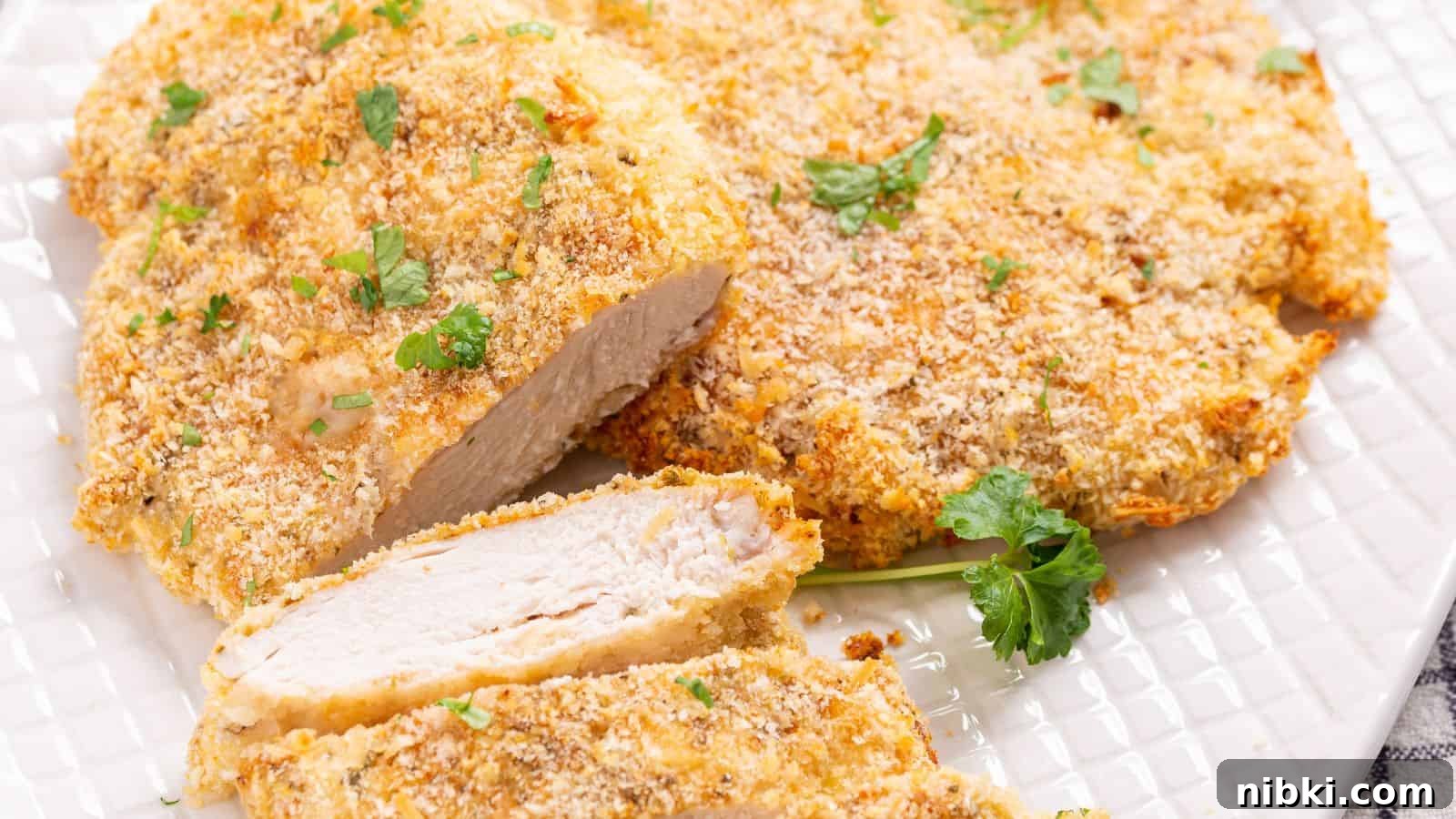 17 Affordable Chicken Recipes That Stretch Your Grocery Budget 17 A close-up of a breaded, baked chicken breast cutlet garnished with parsley on a white plate.