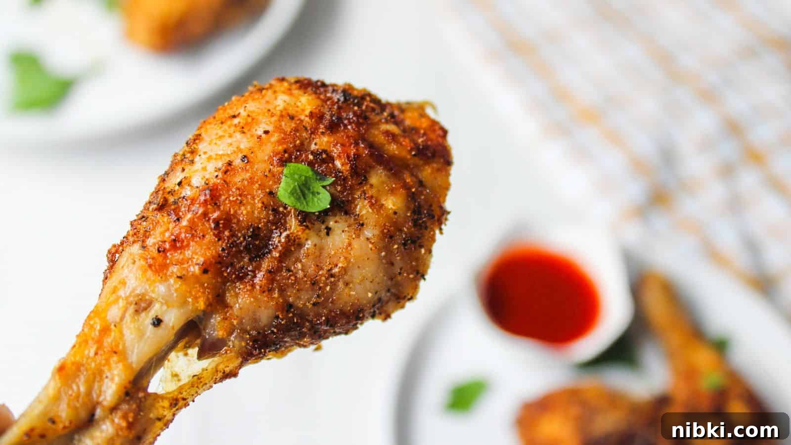 17 Affordable Chicken Recipes That Stretch Your Grocery Budget 3 Close-up of a crispy air fried chicken drumstick on a white plate garnished with parsley, with hot sauce in the background.