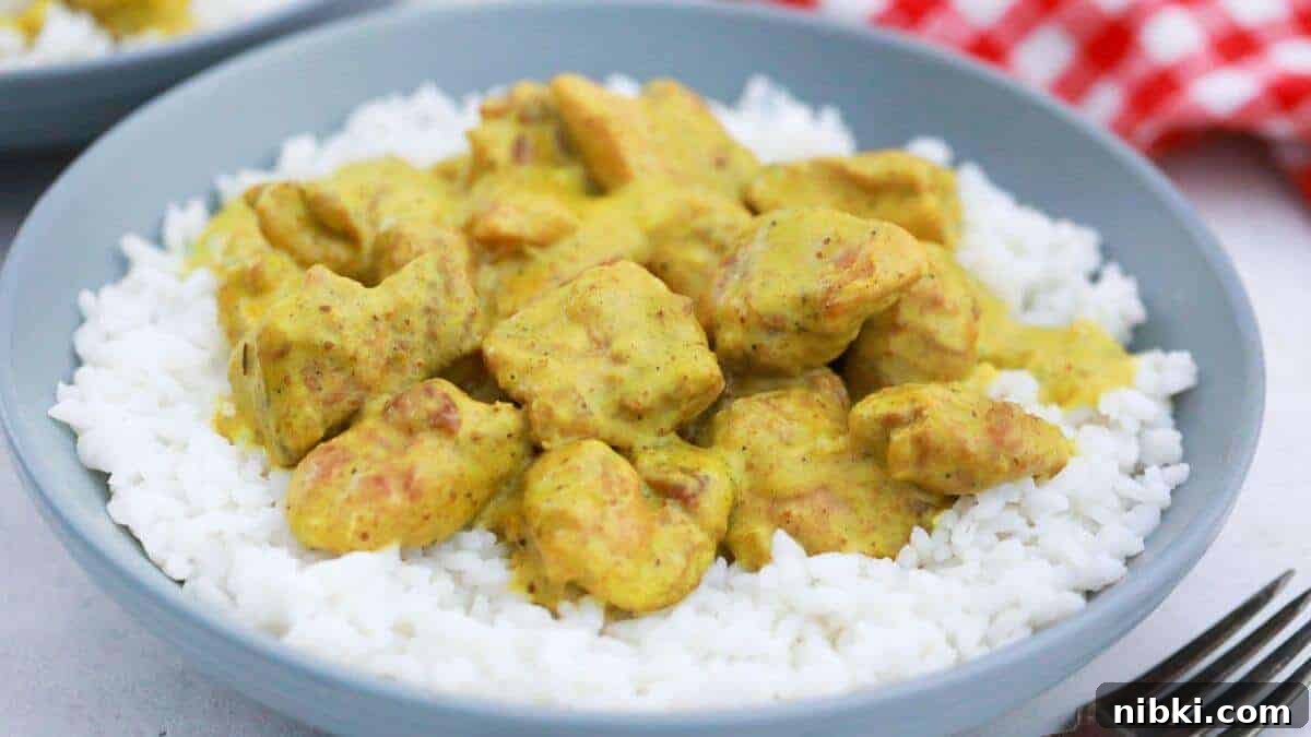17 Affordable Chicken Recipes That Stretch Your Grocery Budget 6 A bowl of chicken curry served over white rice, with a red and white checkered napkin in the background.