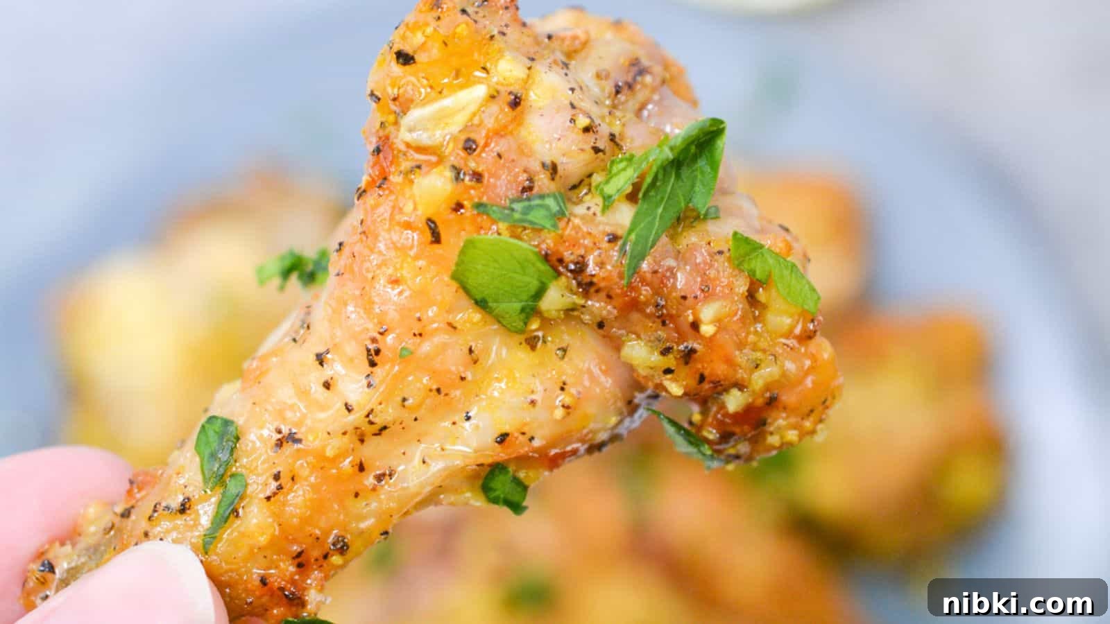 17 Affordable Chicken Recipes That Stretch Your Grocery Budget 10 Close-up of a hand holding a seasoned chicken wing garnished with fresh herbs, with more pieces on a plate in the background.