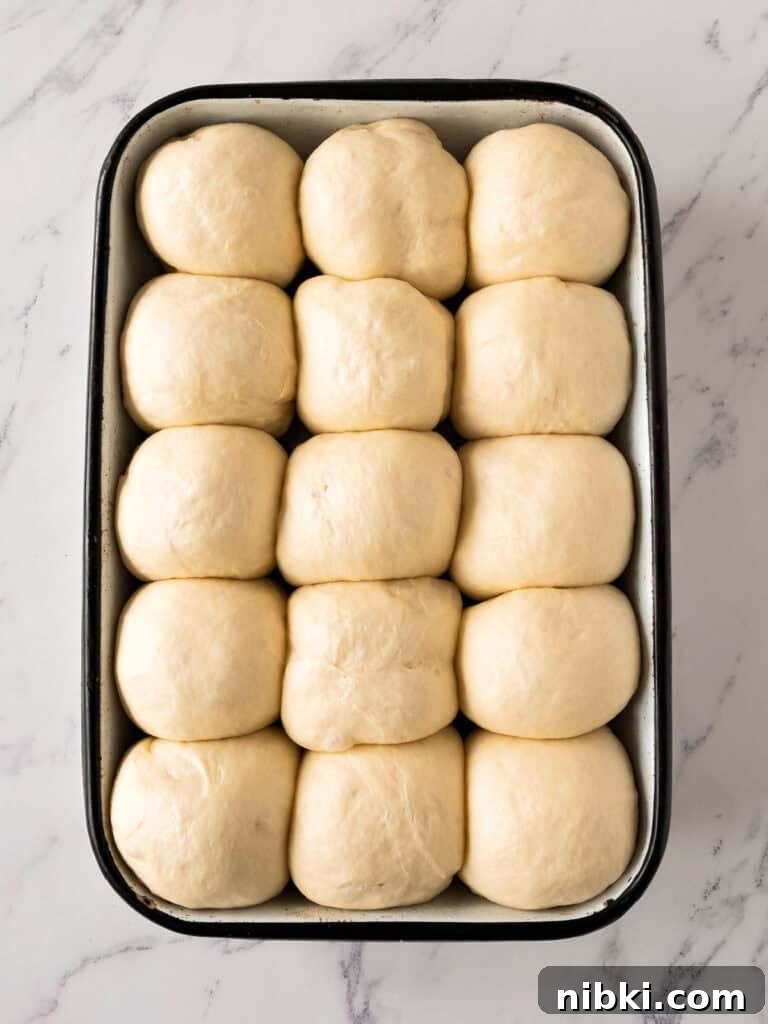 Soft Homemade Yeasted Dinner Rolls 11 Proofed rolls in a rectangular enameled pan. White marbled surface. Top view.