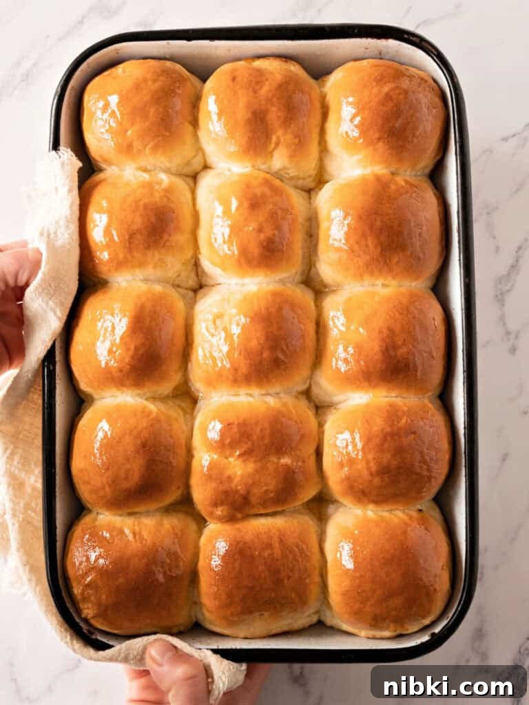 Soft Homemade Yeasted Dinner Rolls 12 Baked shiny dinner rolls in a black-ribbed white pan. Top view.