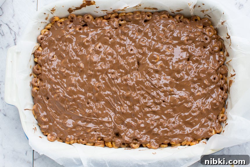 No-Bake 5-Ingredient Peanut Butter Cheerios Bars 5 Peanut butter cheerio bars in the pan from above