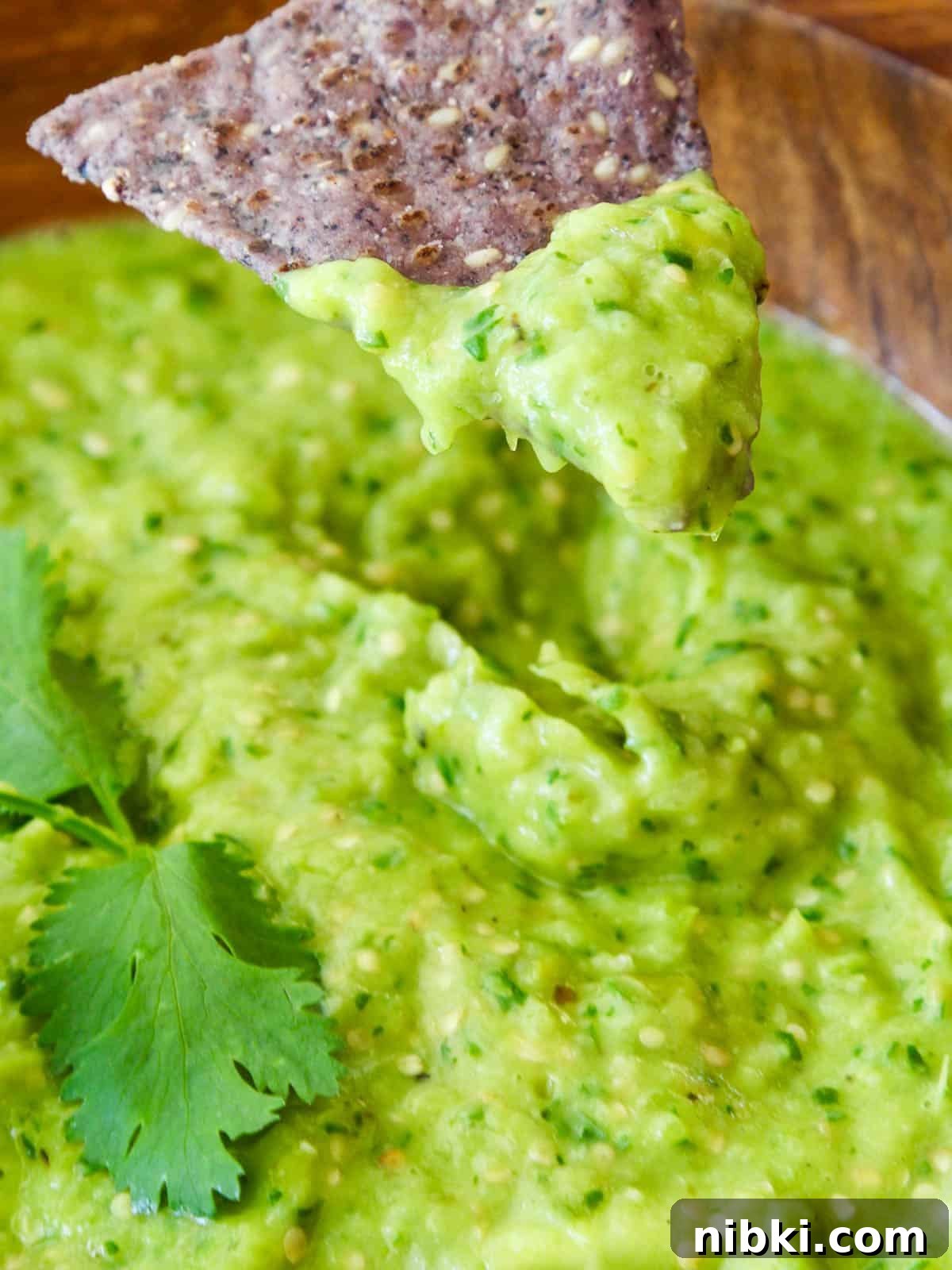 Blue tortilla chip scooping Avocado Salsa