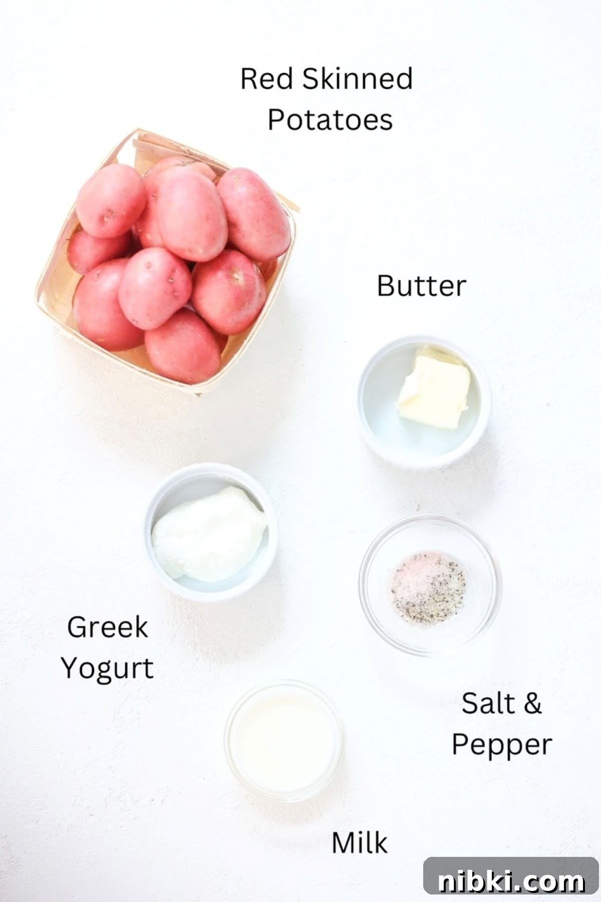 Creamy Mashed Red-Skinned Potatoes 3 Ingredients for red skinned mashed potatoes, labeled.