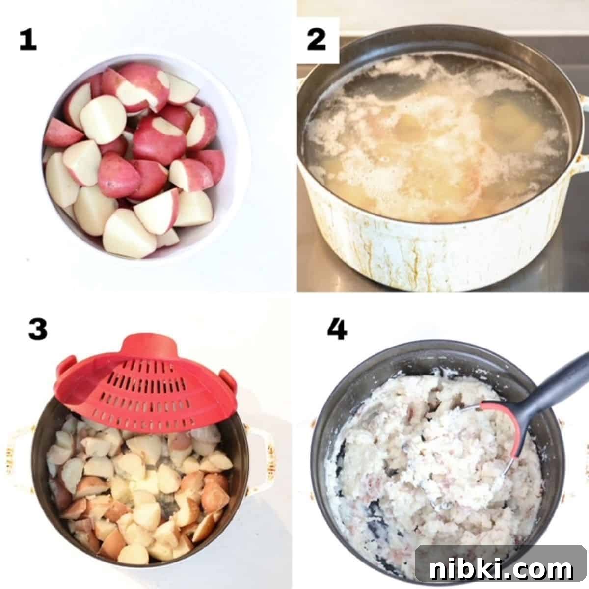 Creamy Mashed Red-Skinned Potatoes 4 Four numbered images showing how to make red skinned mashed potatoes.