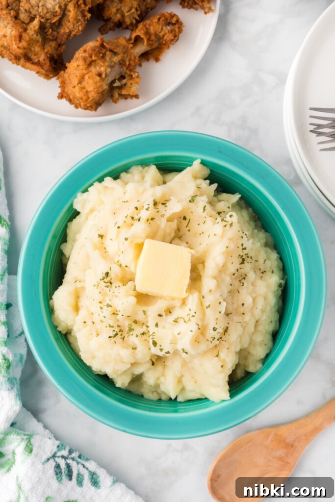 Creamy Garlic Butter Mashed Potatoes Recipe 5 looking down into a bowl of fluffy mashed potatoes
