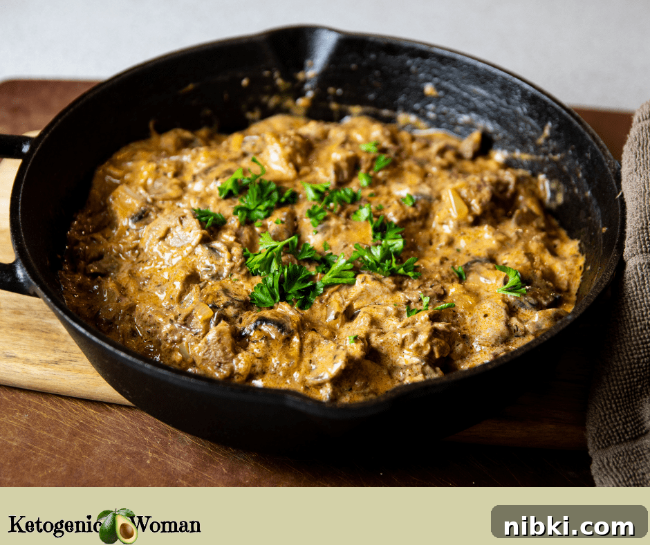 Creamy Keto Beef Stroganoff with Mushrooms 2 Beef Stroganoff in Cast Iron Pan