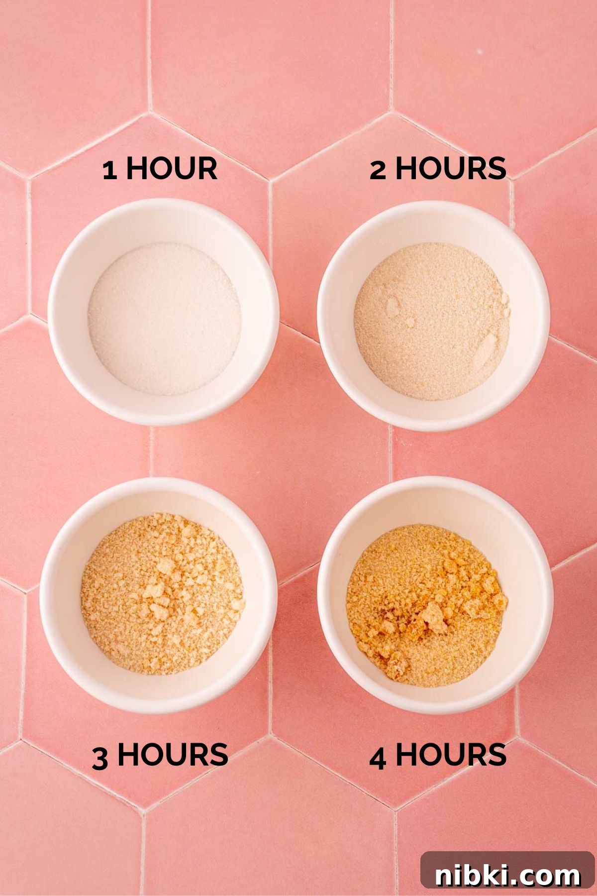 How to Make Toasted Sugar for Baking and Dessert Toppings 5 Four white bowls filled with toasted sugar at different hour marks of toasting.