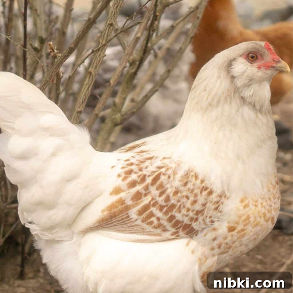 brown and white hen outside