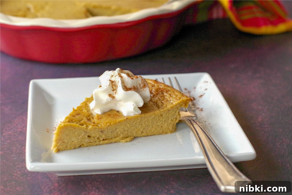 Crustless Pumpkin Pie for Weight Watchers 2 crustless pumpkin pie on a white plate with fork and whole pie in background