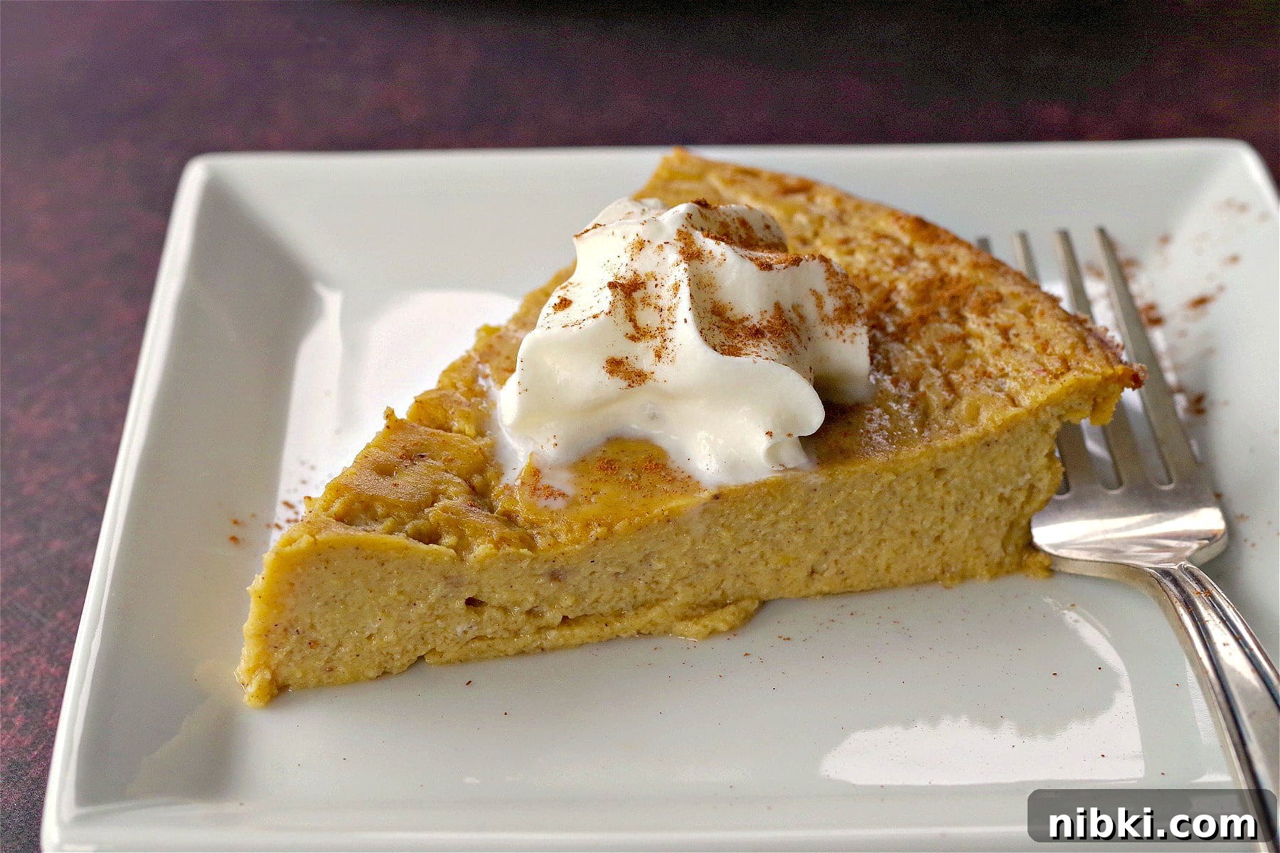 Crustless Pumpkin Pie for Weight Watchers 3 weight watchers crustless pumpkin pie on a white plate