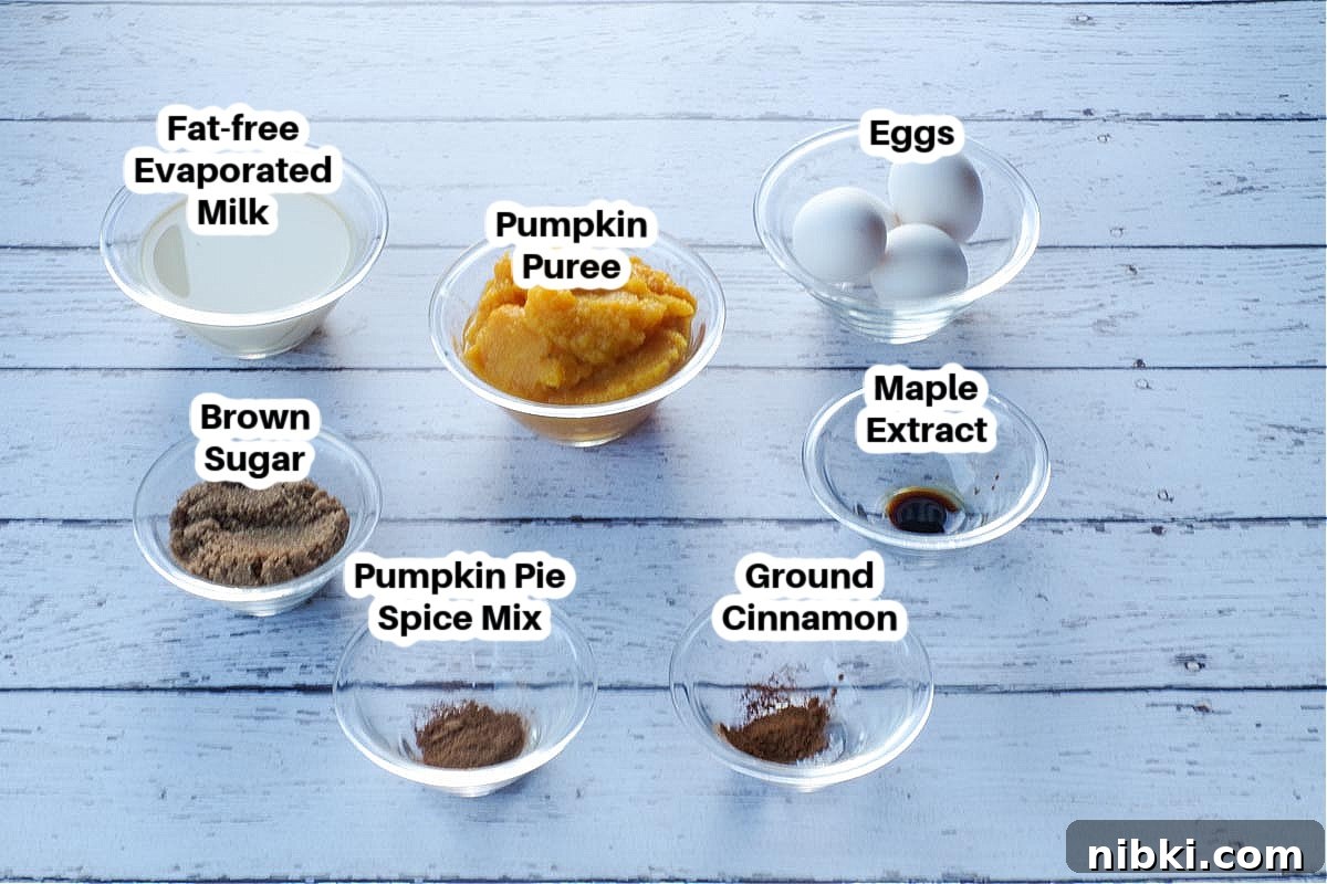 Crustless Pumpkin Pie for Weight Watchers 4 WW pumpkin pie recipe Ingredients in glass bowls, labelled.