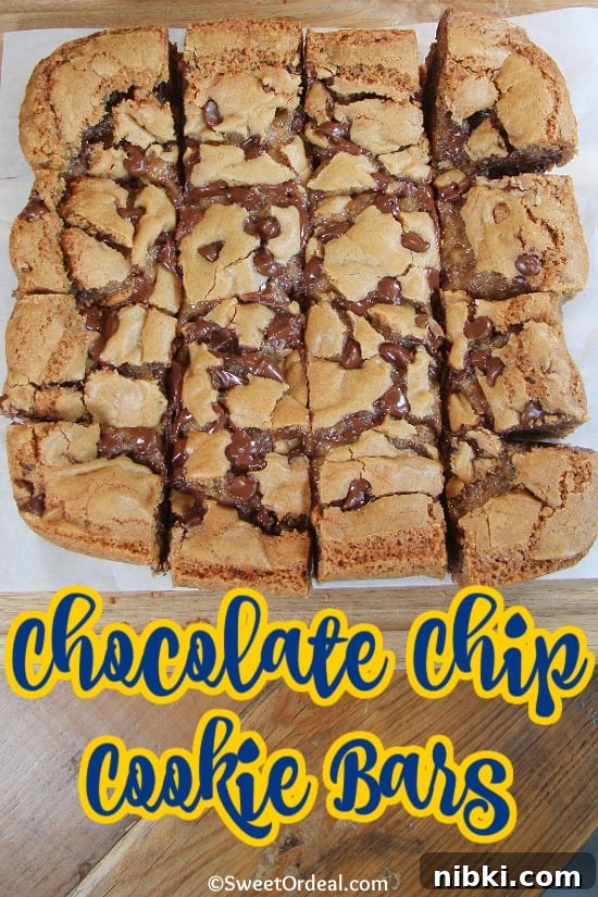 Chocolate Chip Cookie Bars has sweet, buttery dough with rich chocolate chips. Chocolate Chip Cookie Bars