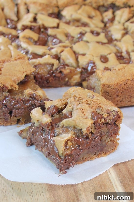 Chocolate Chip Cookie Bars are chewy, satisfying dessert squares that everyone loves. A rich and chewy dessert square with semi-sweet chips.