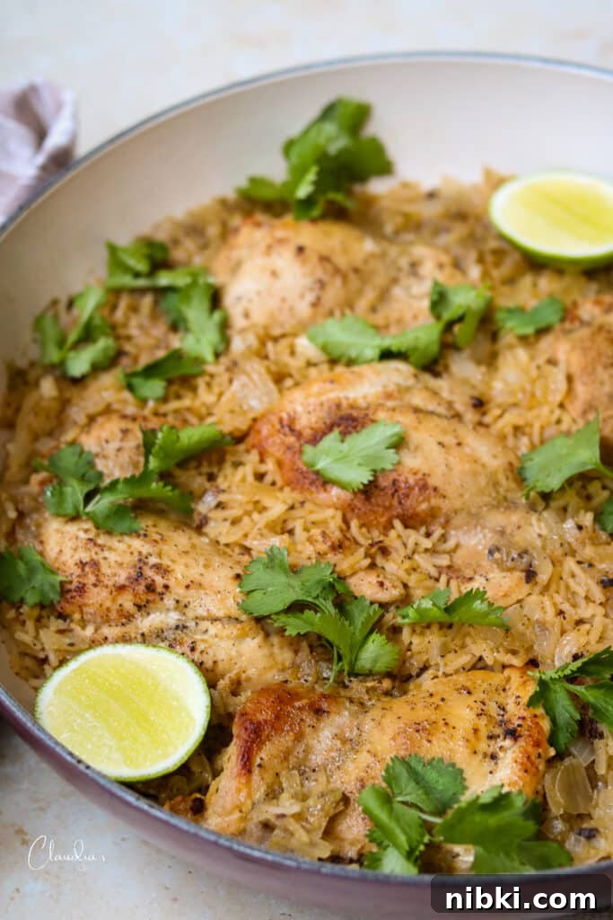 One-Pot Salsa Verde Chicken with Cilantro Lime Rice 2 easy salsa verde chicken in Le Creuset braised with cilantro and lime garnish