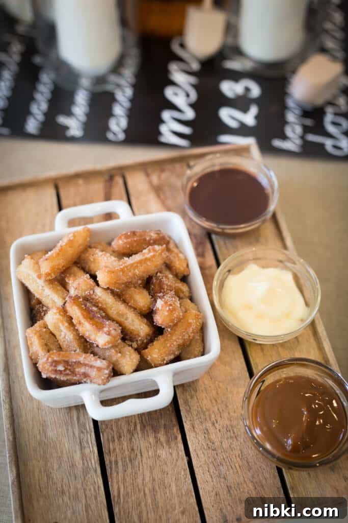 Crispy Mini Churros Recipe: Bite-Sized Cinnamon Treats 3 mini churros with dipping sauces