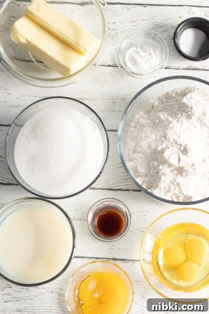 vanilla cake recipe ingredients on counter