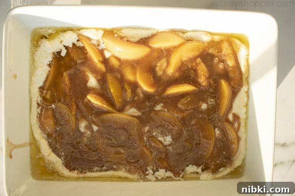 Peach Cobbler Recipe with Golden Biscuit Topping 8 Peaches on the top of cobbler mixture before baking