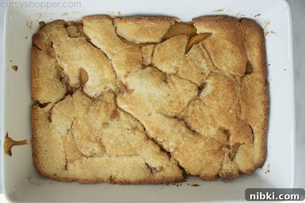 Peach Cobbler Recipe with Golden Biscuit Topping 9 Baked Peach Cobbler in white baking dish